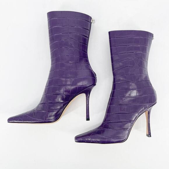 Jimmy Choo Purple Agathe Croc Embossed 100mm Mid-Calf Pointed Toe Boot IT 38 - Picture 5 of 13